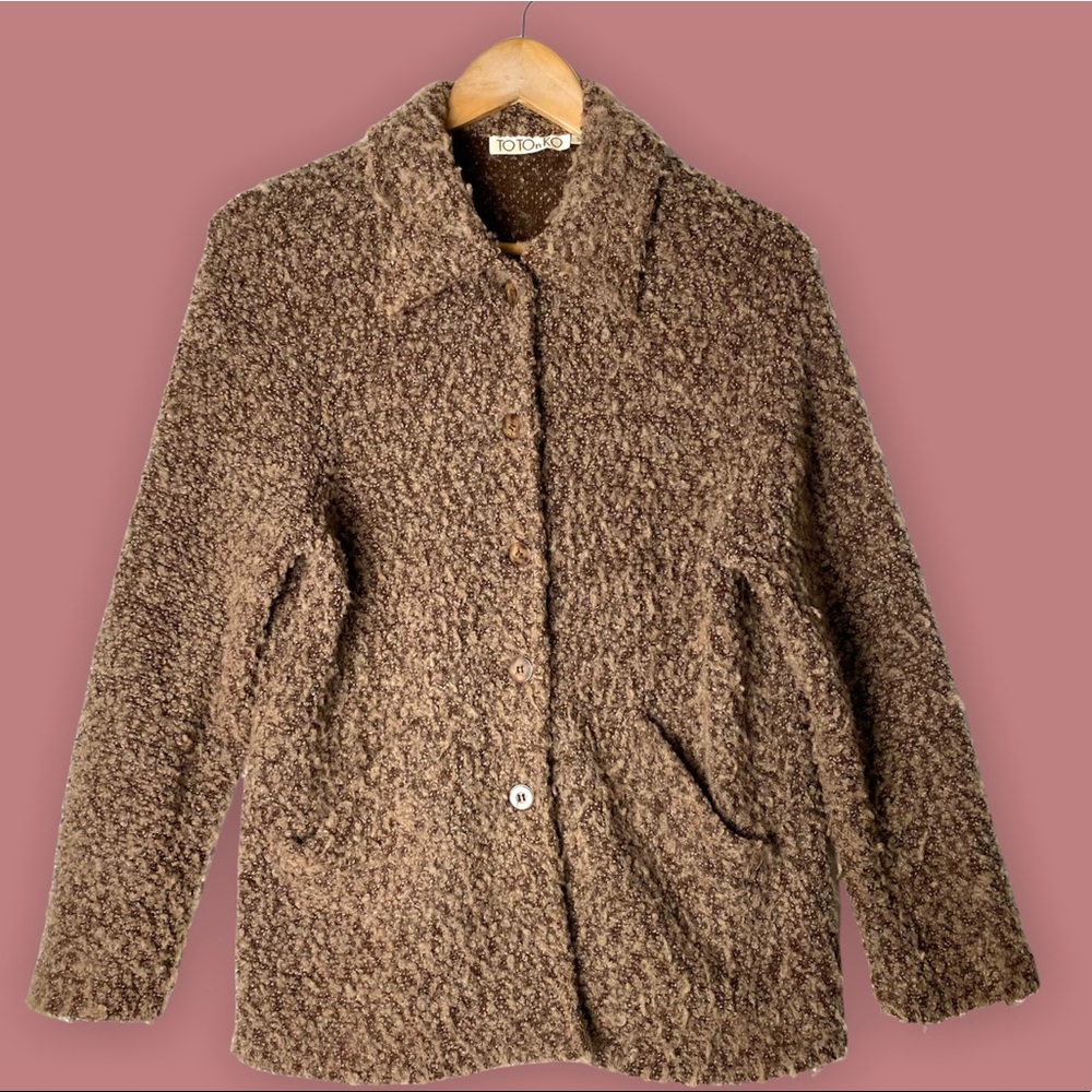 VINTAGE BOUCLÉ CHUNKY BROWN BUTTON DOWN SWEATER WITH SILKY LINED POCKETS🤎 [57]